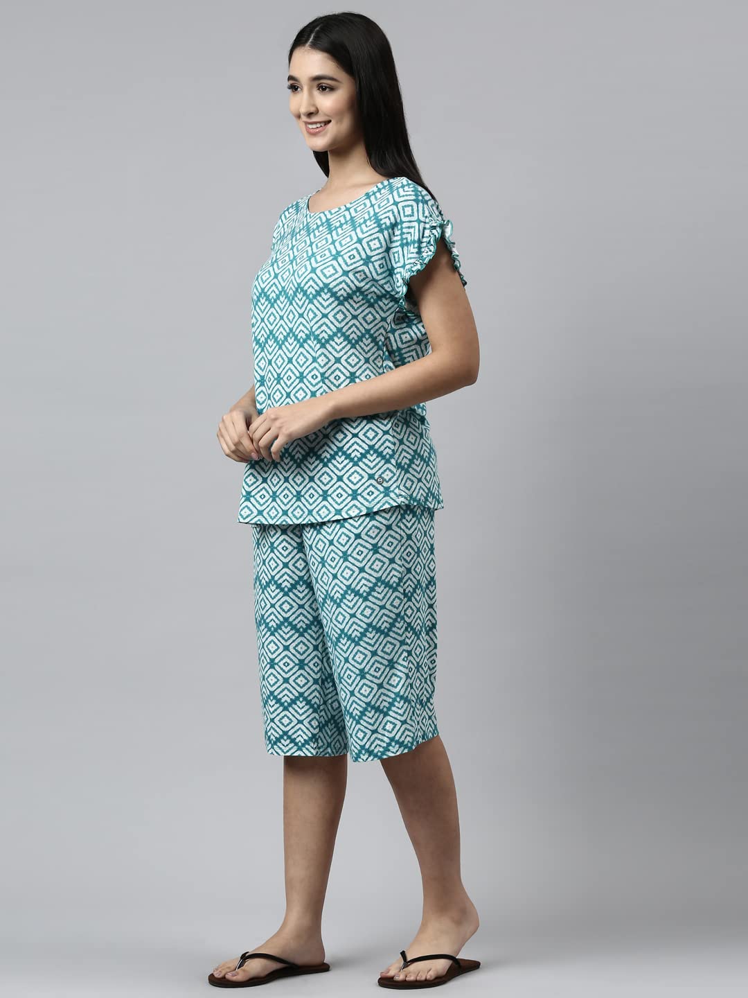 Enamor Essentials-Relaxed Fit Viscose Printed Ruffled Trim Tee & Shant Lounge Set For Womens-EC18 (EC18_Green Stone Tie Dye Aop_