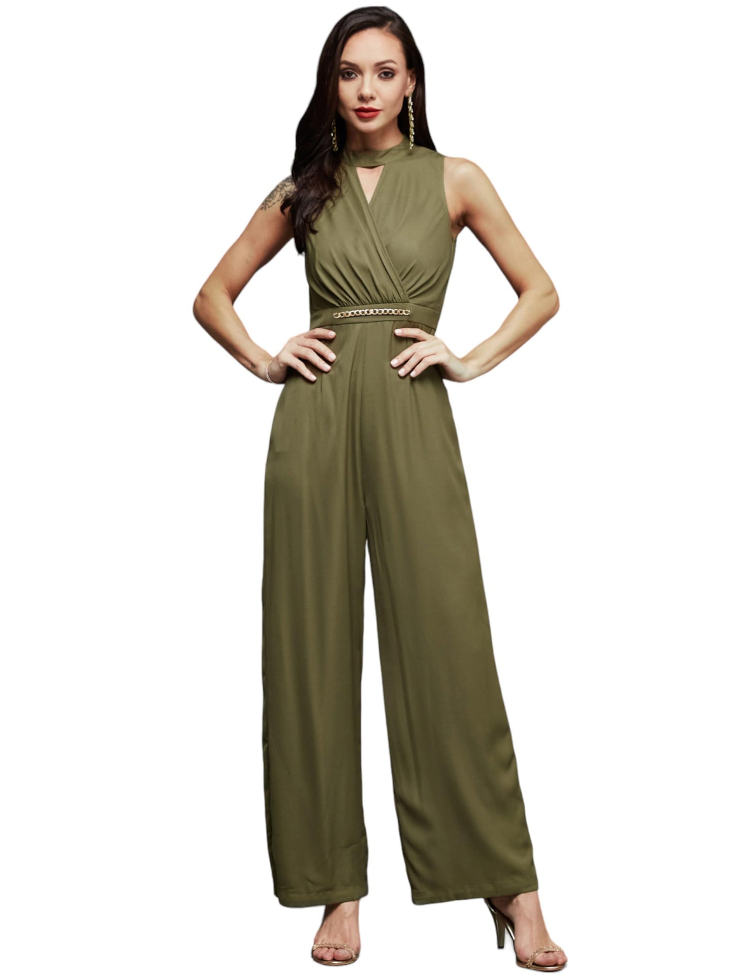 Miss Chase WomenS Solid Keyhole Neck Sleeveless Side Pocketed Crepe Wrap Regular Length Jumpsuit (Mcss23D15-94-187-06, Olive, X