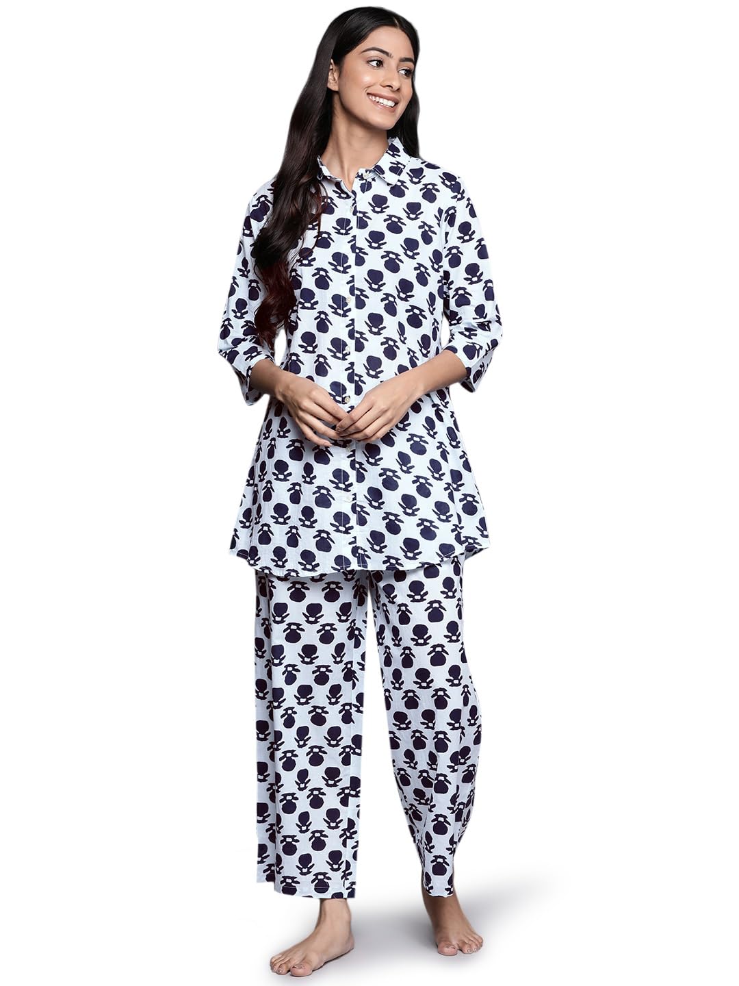 Libas Womens Printed Cotton Blend Night Suit Set For Women White