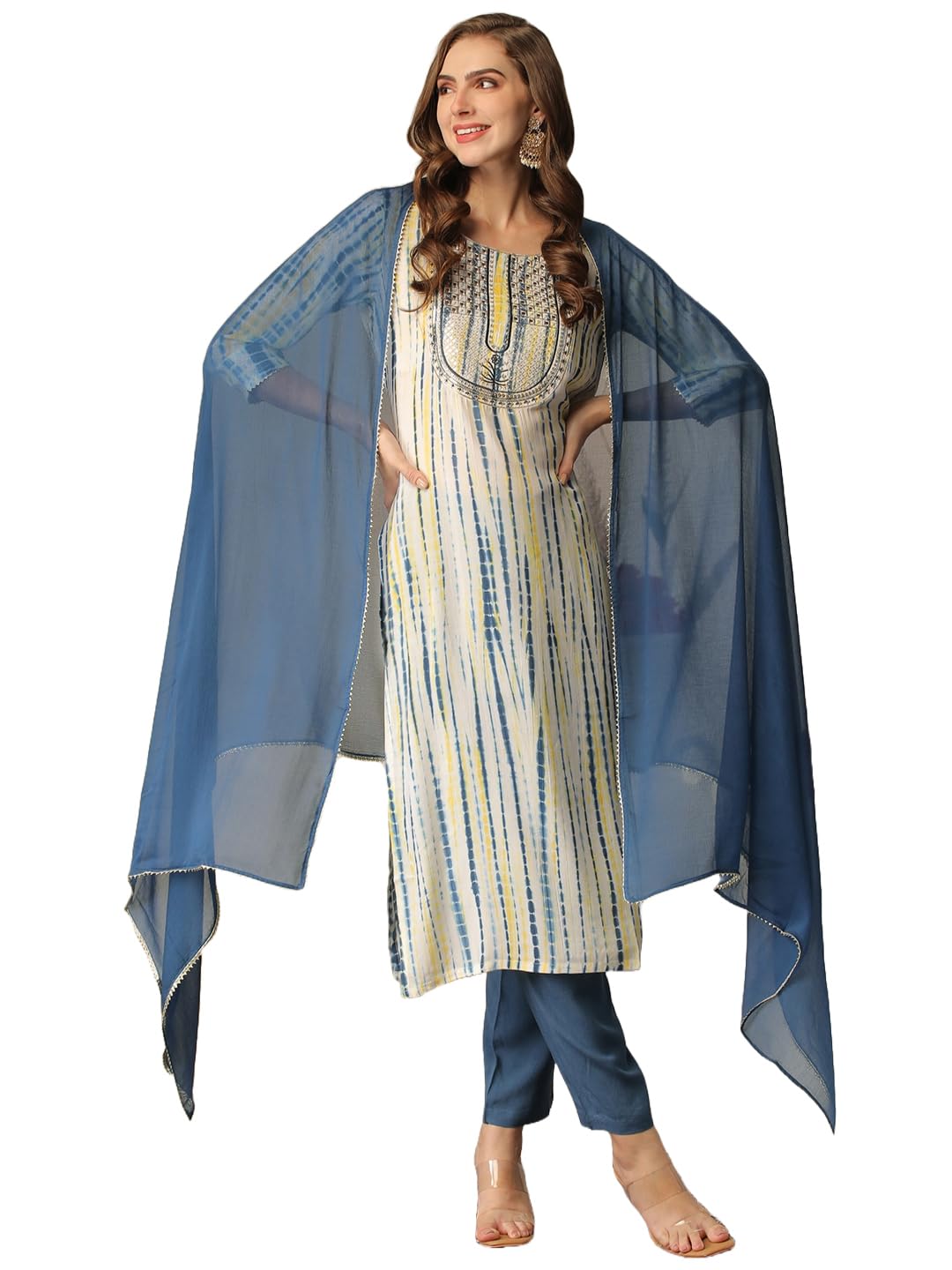 ANNI DESIGNER Ladies Rayon Blend Dupatta Kurta Trousers, azure, M