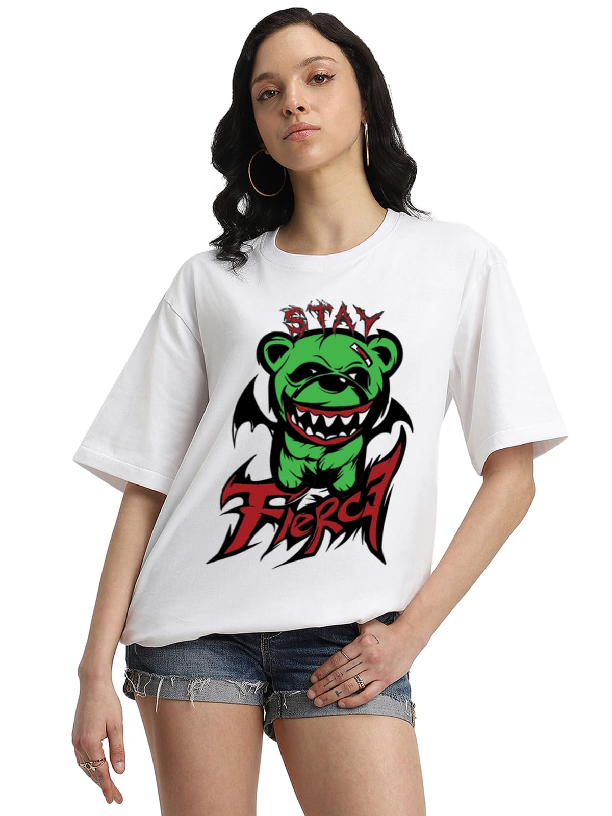 Veirdo Womens Cotton Oversized Baggy Fit Stay Firce Graphic Printed T-Shirt/Girls