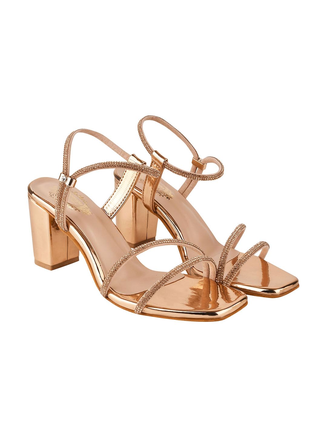 Shoetopia Stylish Strappy Block Rose Gold Heels For Women Open Toe Ankle Strap Sandals, Perfect For Parties, Weddings & Night O