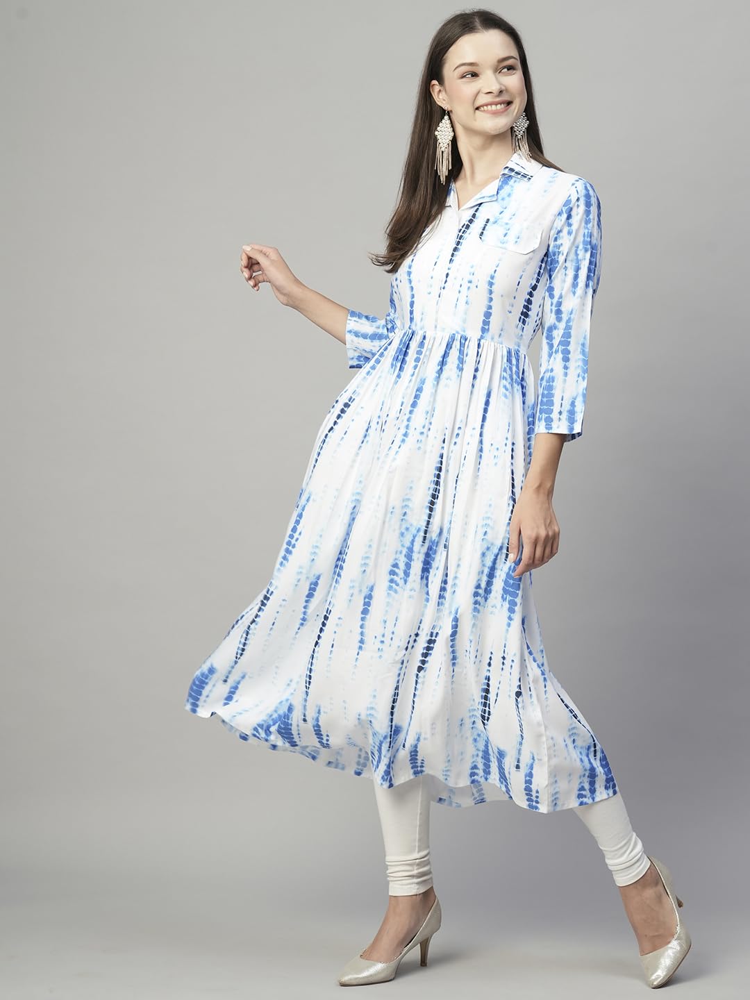 ANNI DESIGNER Women's Cotton Blend Floral Printed Anarkali Dress Kurta (TUROLI-Sky-NW)