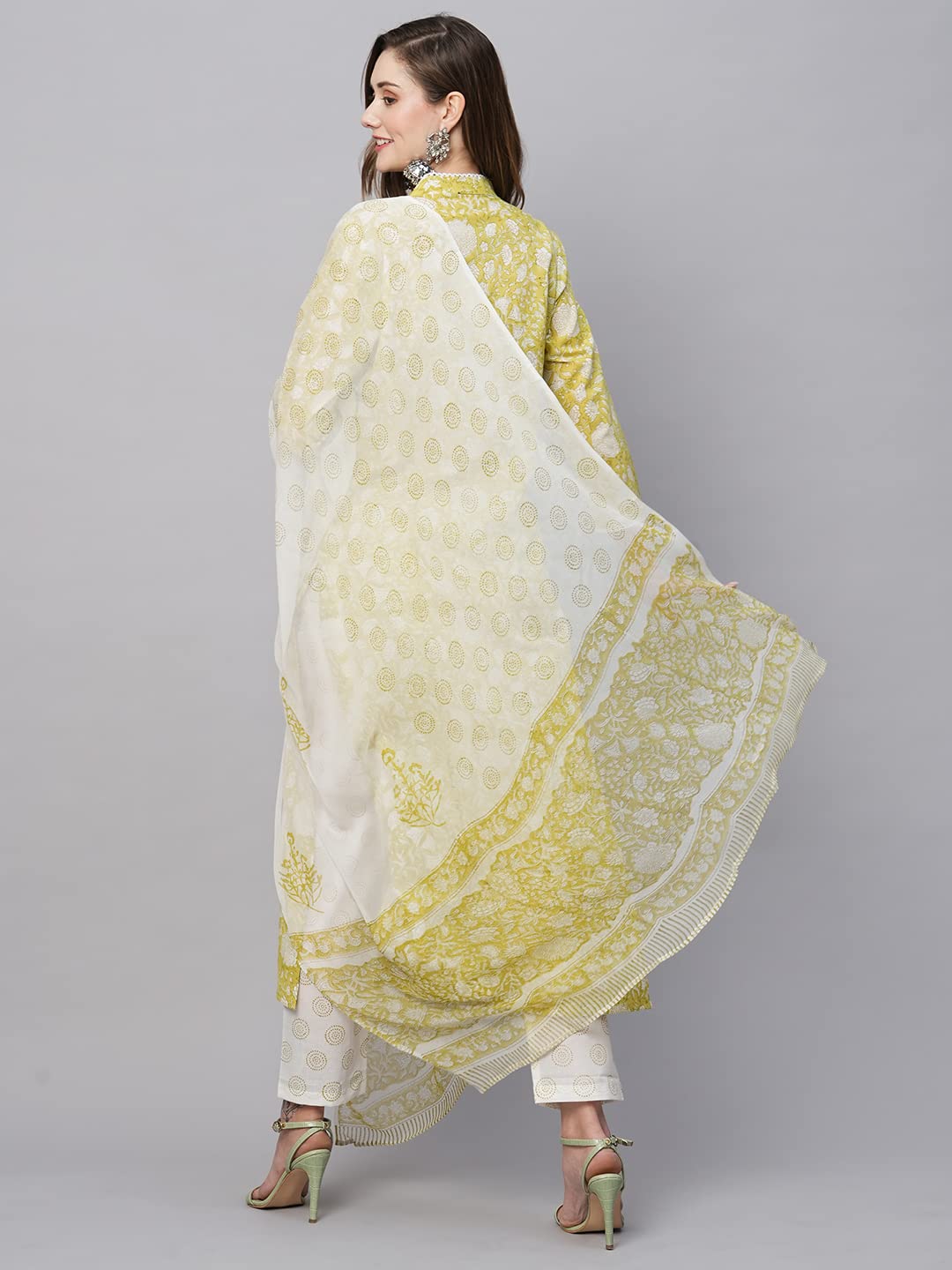 GoSriKi Women's Cotton Blend Straight Printed Kurta with Pant & Dupatta (Avni Green-GS)