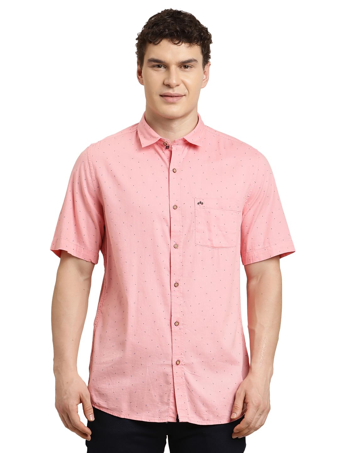 Turtle Men Slim Fit Printed Cotton Tencel Light Pink Casual Shirt