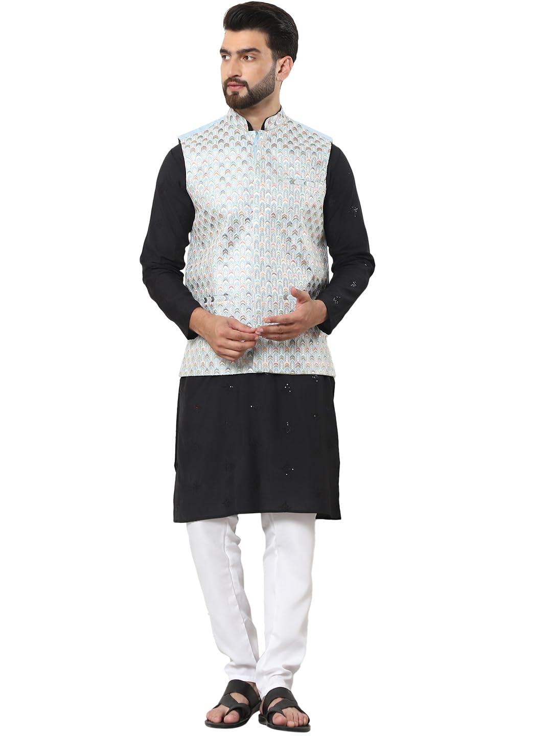 SOJANYA (Since 1958 Men's Cotton Silk Black Kurta and White Pyjama with Designer Sky Blue Nehru Jacket