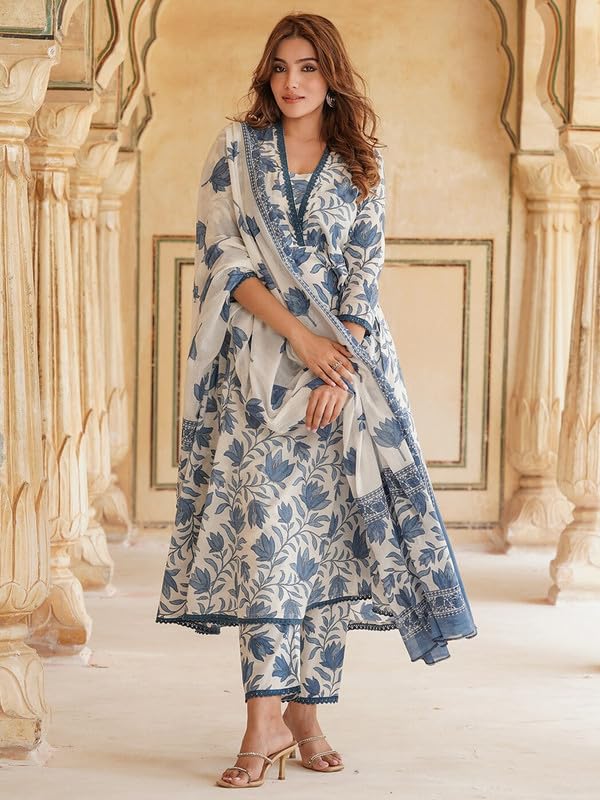 Pinkmint WomenS Cotton Blend Off White Floral Printed Kurta With Pant & Dupatta L Stylish Festival Wear (Pack Of 1)