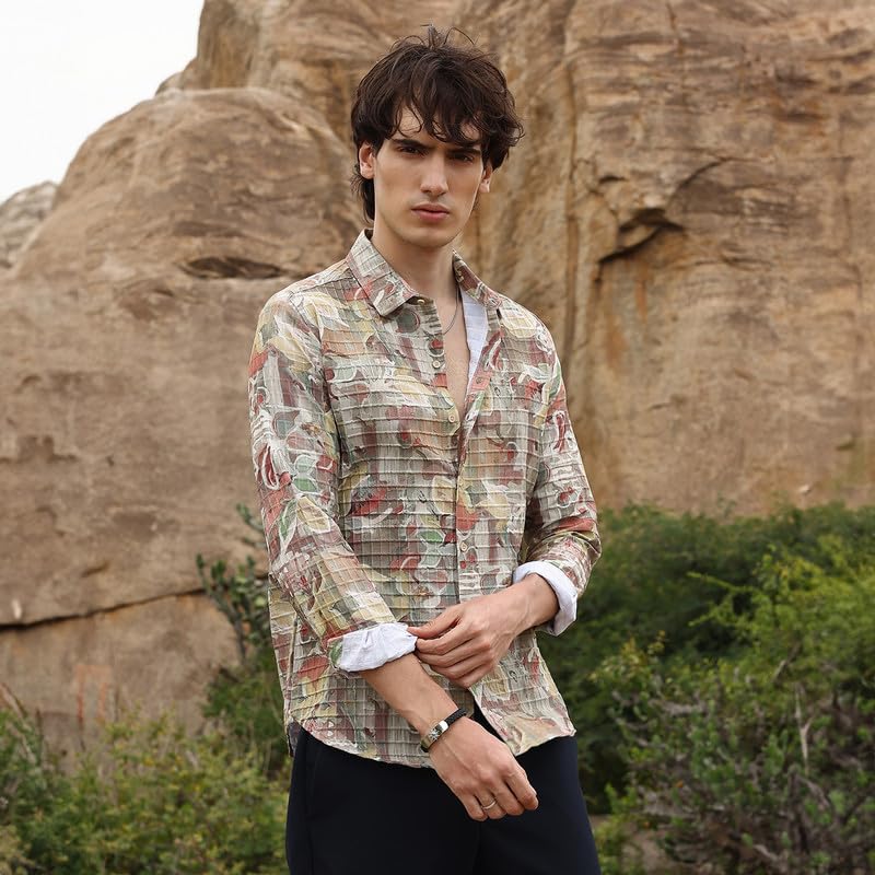 Campus Sutra Mens Multicolour Artistic Botanical Shirt | Casual Wear | Spread Collar | Long Sleeve | Button Closure | Shirt Cra