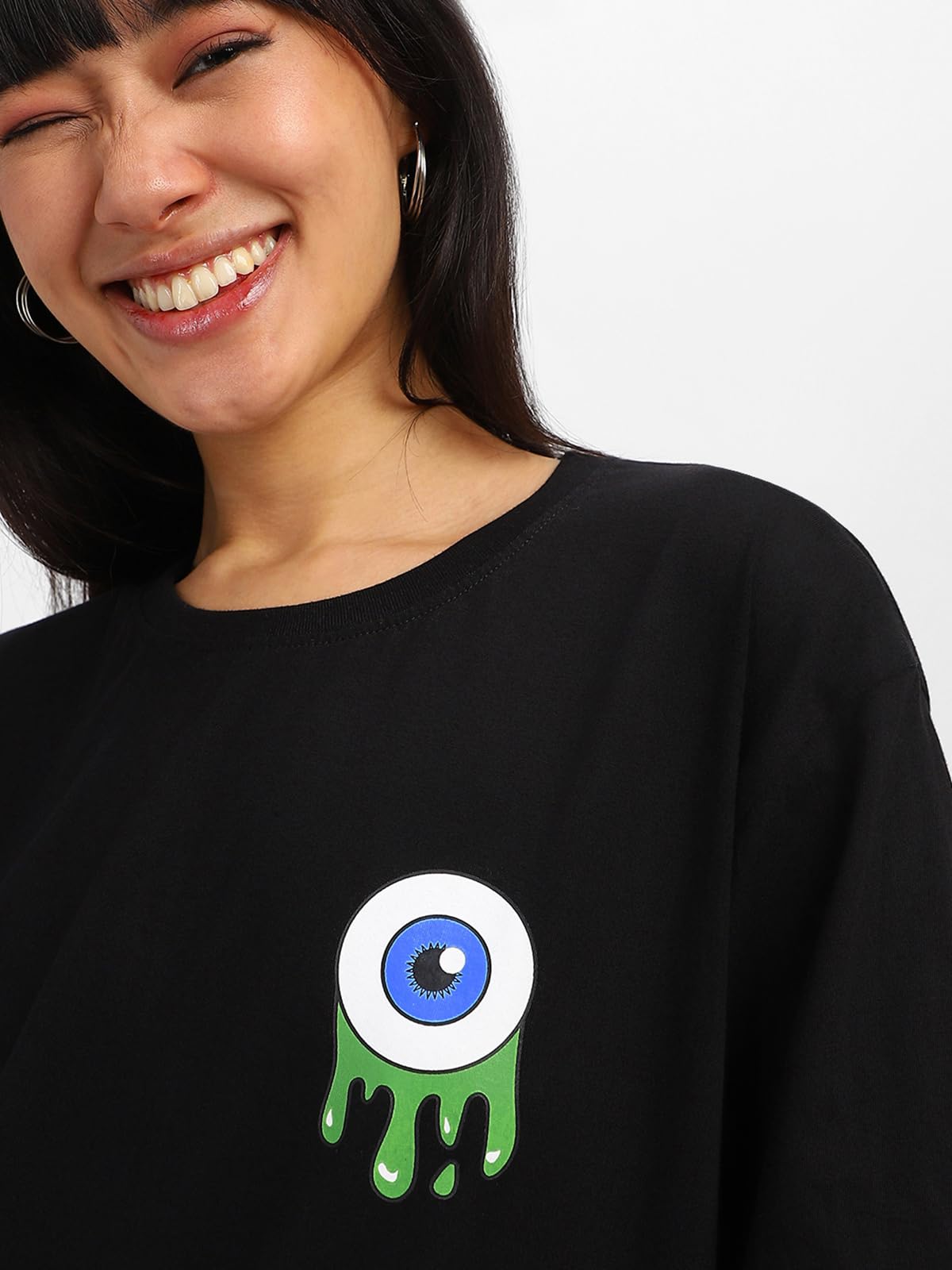 Juneberry Women Black Cotton Oversized Drop Shoulder Sleeves Baggy Fit T-Shirt