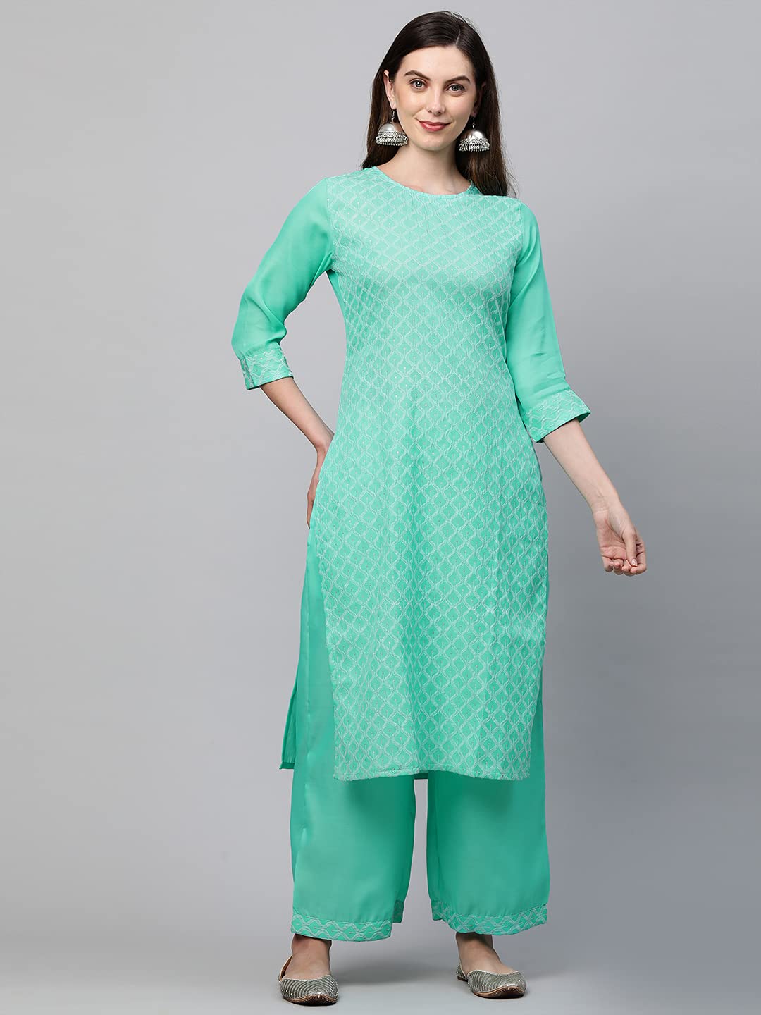 ANNI DESIGNER Women's Cotton Straight Kurta with Palazzo (KPZ-COT-10006-SEA Green)