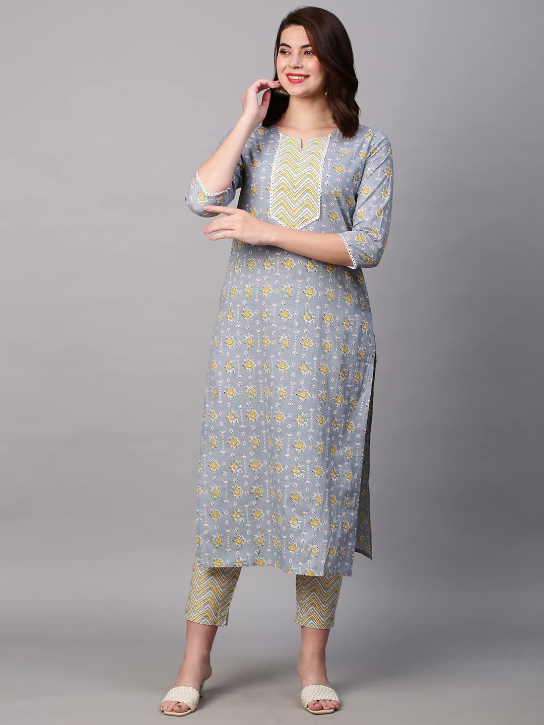 GoSriKi Women's Cotton Blend Printed Straight Kurta with Pant (Mikaa Grey-Nw-GS)