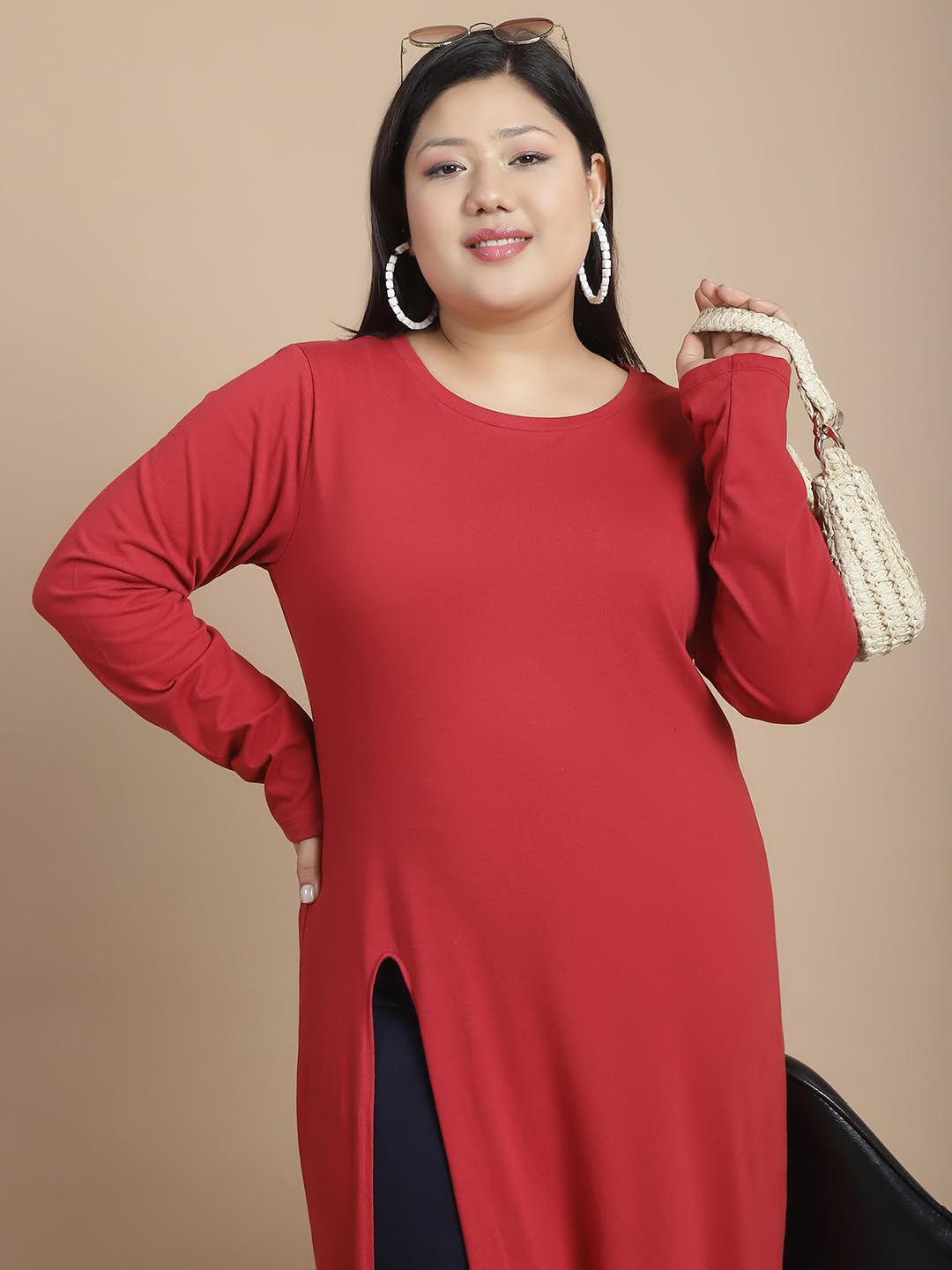 Rigo Cotton Plus Size Maxi Top For Women | Front Slit, Full Sleeve, Round Neck Maxi Top For Women | Longline Stylish Tops For Wo