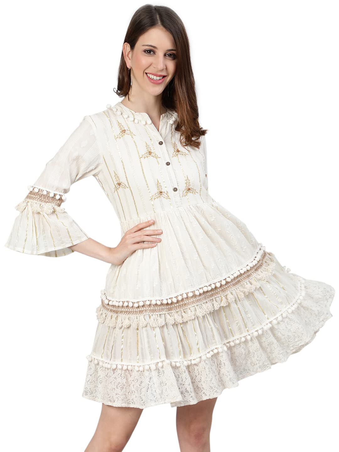 Ishin WomenS Off White Pure Cotton Zari Embroidered A-Line Dress