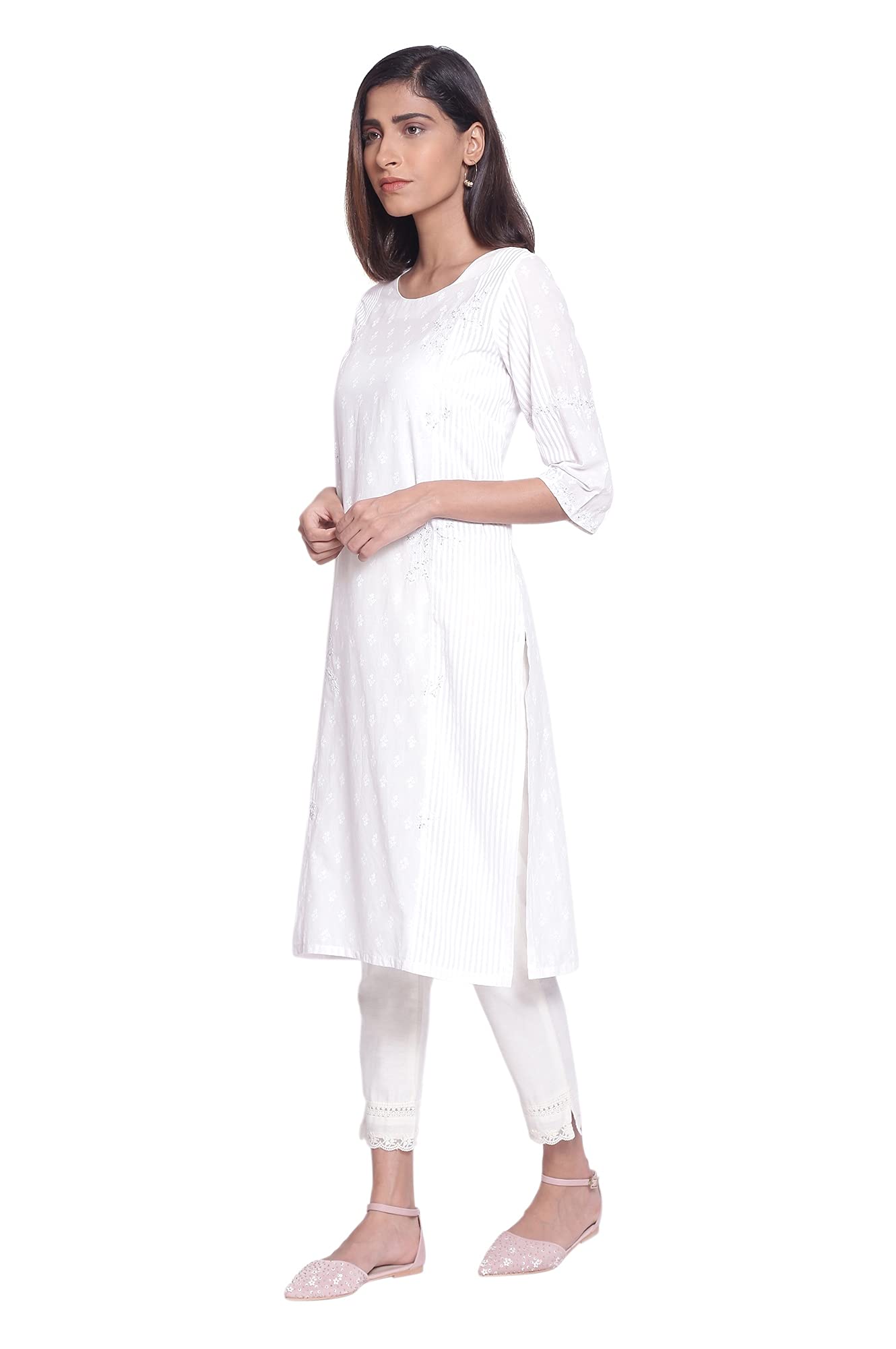 W for Woman Women Cotton Stripe & Floral Print Regular Kurta