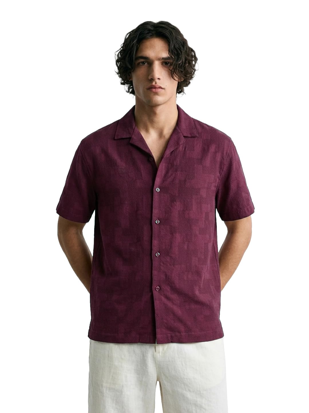 The Indian Garage Co Mens Relaxed Fit Textured Cuban Collar Half Sleeves Resort Sweater