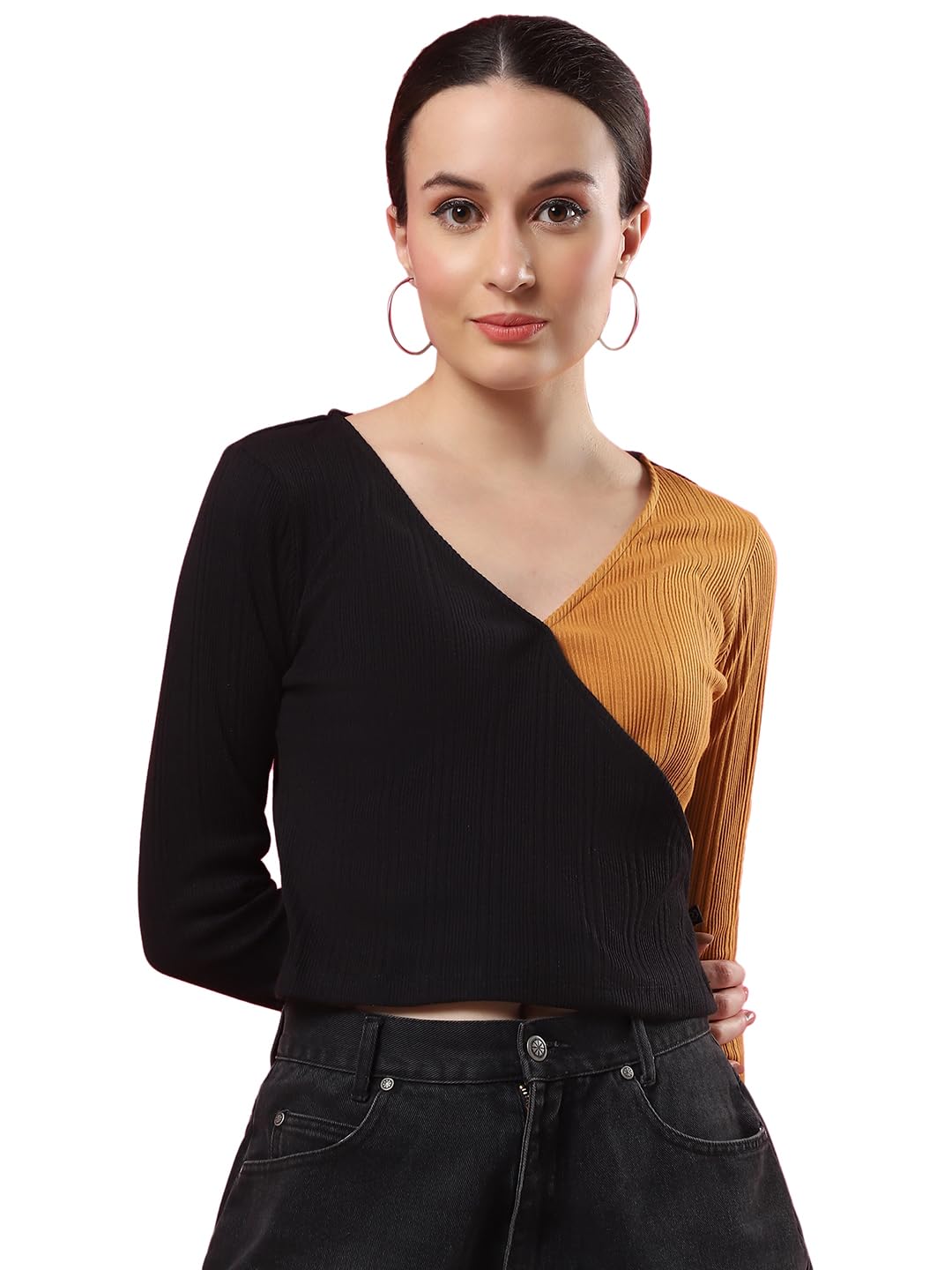 Rigo Casual Wear V Neck Rib Knit Top for Women | Slim Fit Long Sleeves Western Tops for Women