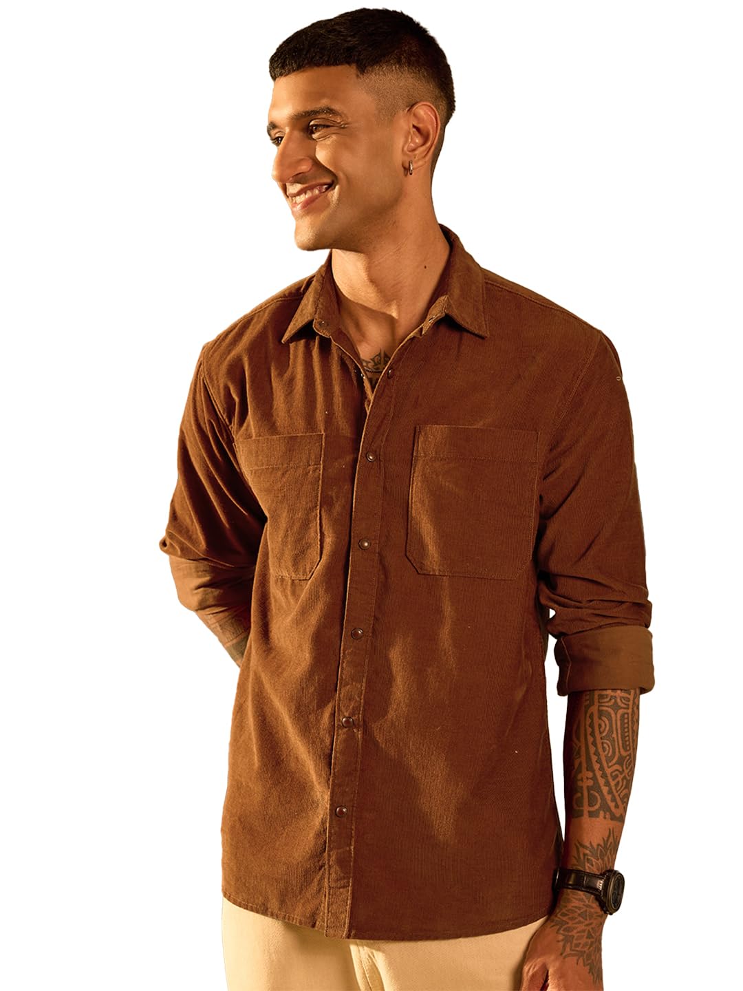 Bewakoof MenS Solid Regular Fit Full Sleeve Collared Corduroy Shirt_685455_Orange_L