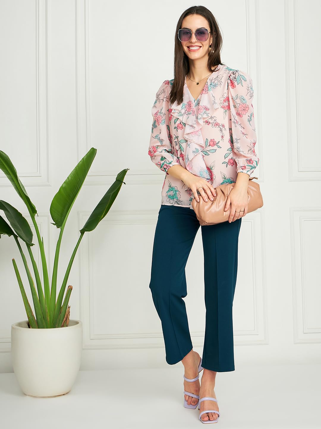 Modeve Women Regular Fit Fawn V Neck Floral Top