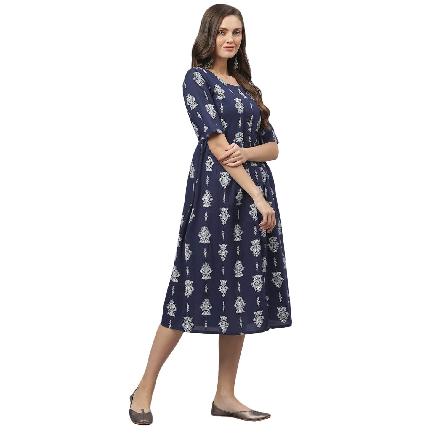 Stylum Women's Paisely Print Cotton Flared Kurta (Navy Blue)