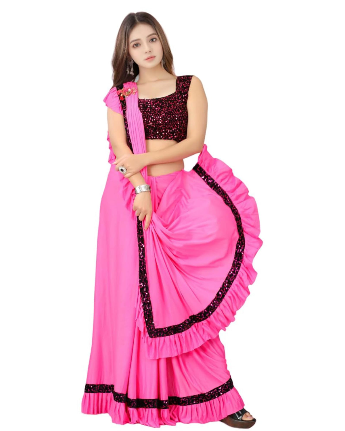 Dhyey Fashion Baby Girls Lycra Blend Saree With Unstitched Blouse Modern Ethnic Look For Your Baby GirlS Big Day,Soft And Stret