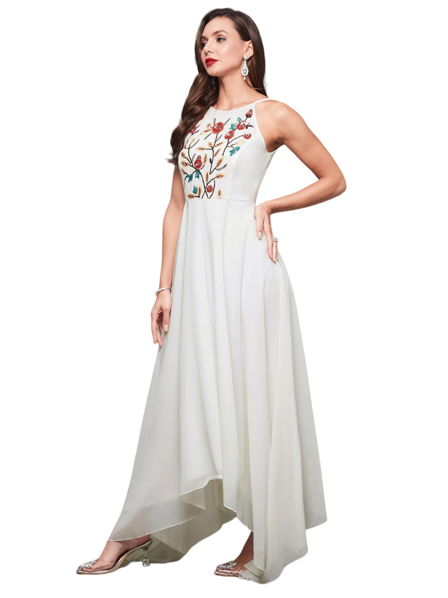 Miss Chase WomenS Halter Neck Sleeveless Solid Embellished Maxi Dress (Mcss23D98-33-114-02, Off White, Xs)