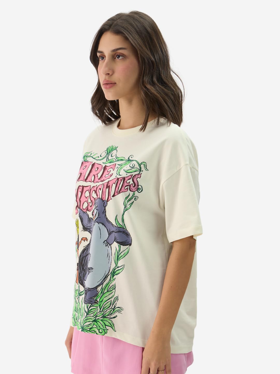 The Souled Store Official Disney: Bare Necessities Women and Girls Short Sleeve Round Neck White Graphic Print Cotton Oversized