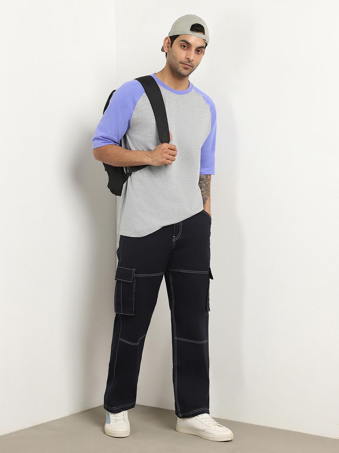 Nobero MenS Colorblock Oversized Fit T-Shirt (1M-Twts-R0103-Bl_Grey Melange