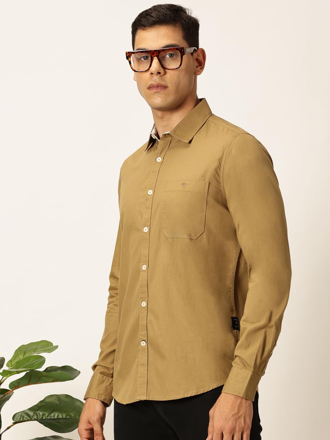 Thomas Scott 100% Cotton Long Sleeve Solid Regular Fit Casual Shirts for Mens Khaki