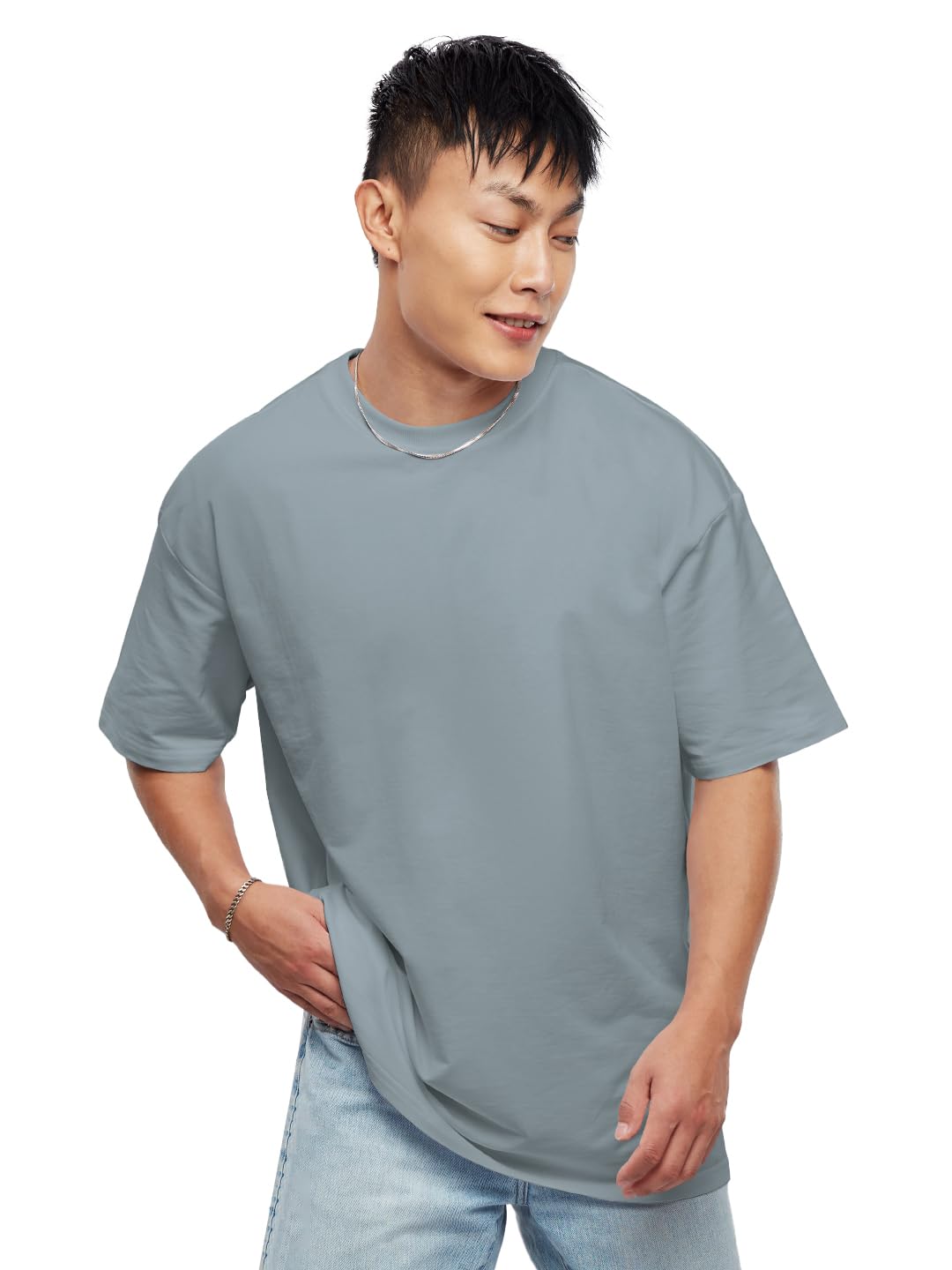 The Souled Store Men Pearl Grey Solid Oversized T Shirts for Men Baggy Off-Shoulder Loose Fit Relaxed Drop Shoulder Half Sleeve
