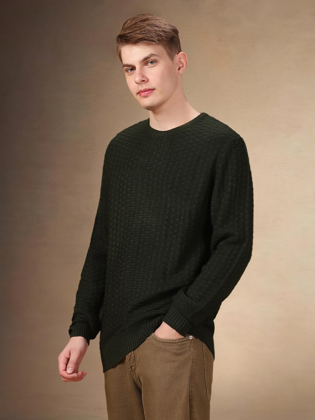 Dennis Lingo Men Solid Acrylic Regular Fit Full Sleeves Pullover Sweater Olive
