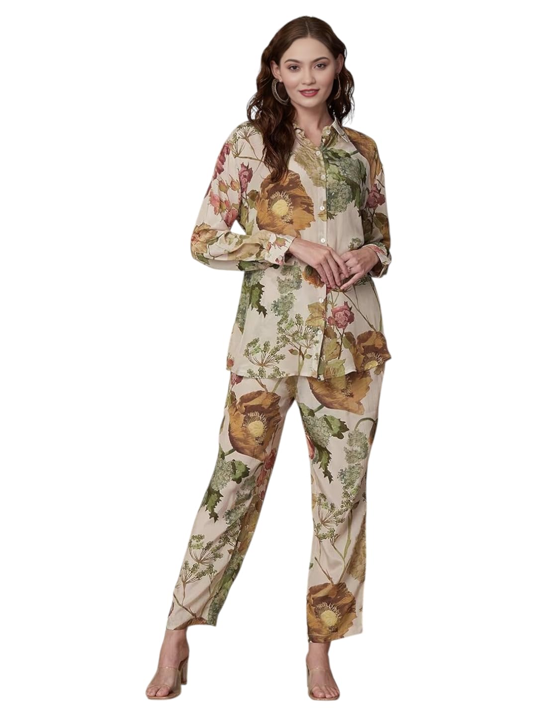 Lookmark WomenS Cotton Blend Floral Printed Full Sleeves Hip Length Button Down Collared Kurti Set | Kurta Set For Women (Az-Lm