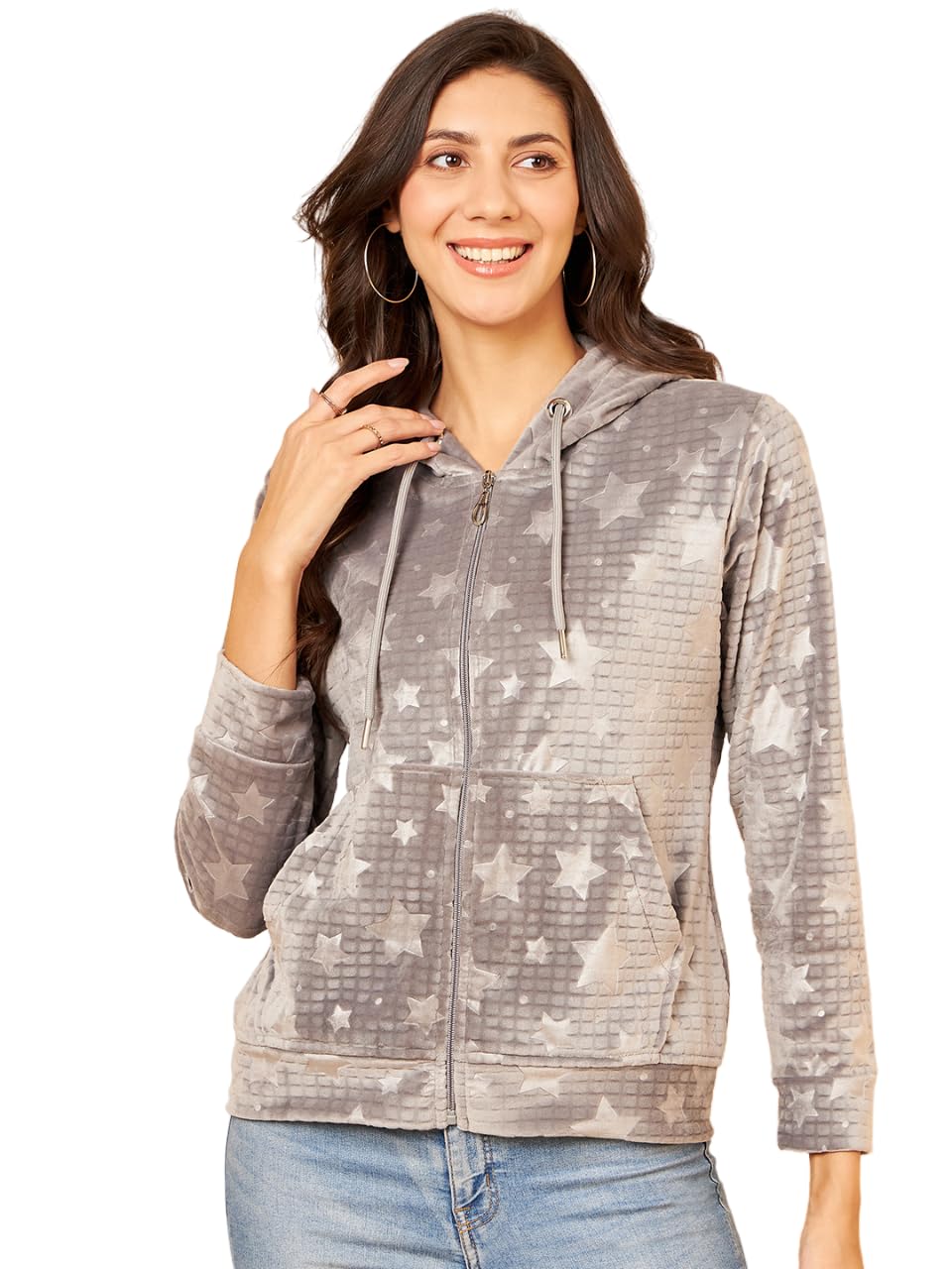 Modeve Full Sleeve Printed Women Jacket For Winter -Grey