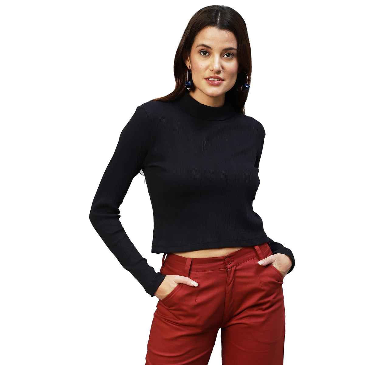 Rigo Cotton Rib Top for Women | High Neck Full Sleeves Crop Top for Women | Stylish, Western Crop Top for Women