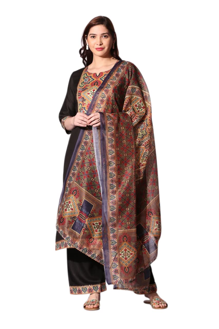ANNI DESIGNER Womens Cotton Printed Straight Kurti with Palazzos & Dupatta Set (Reema Black_S_Black_Small)