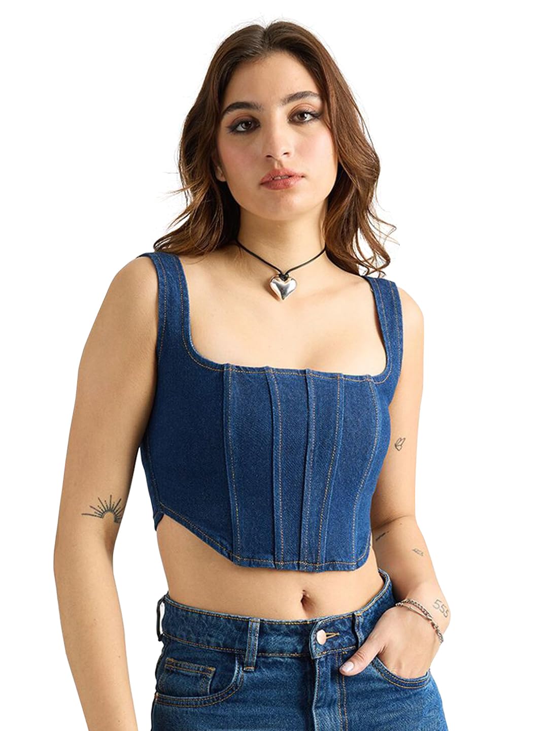 Shasmi Womens Solid Slim Fit Cotton Blouse Square Neck Denim Crop Top 158_Blue