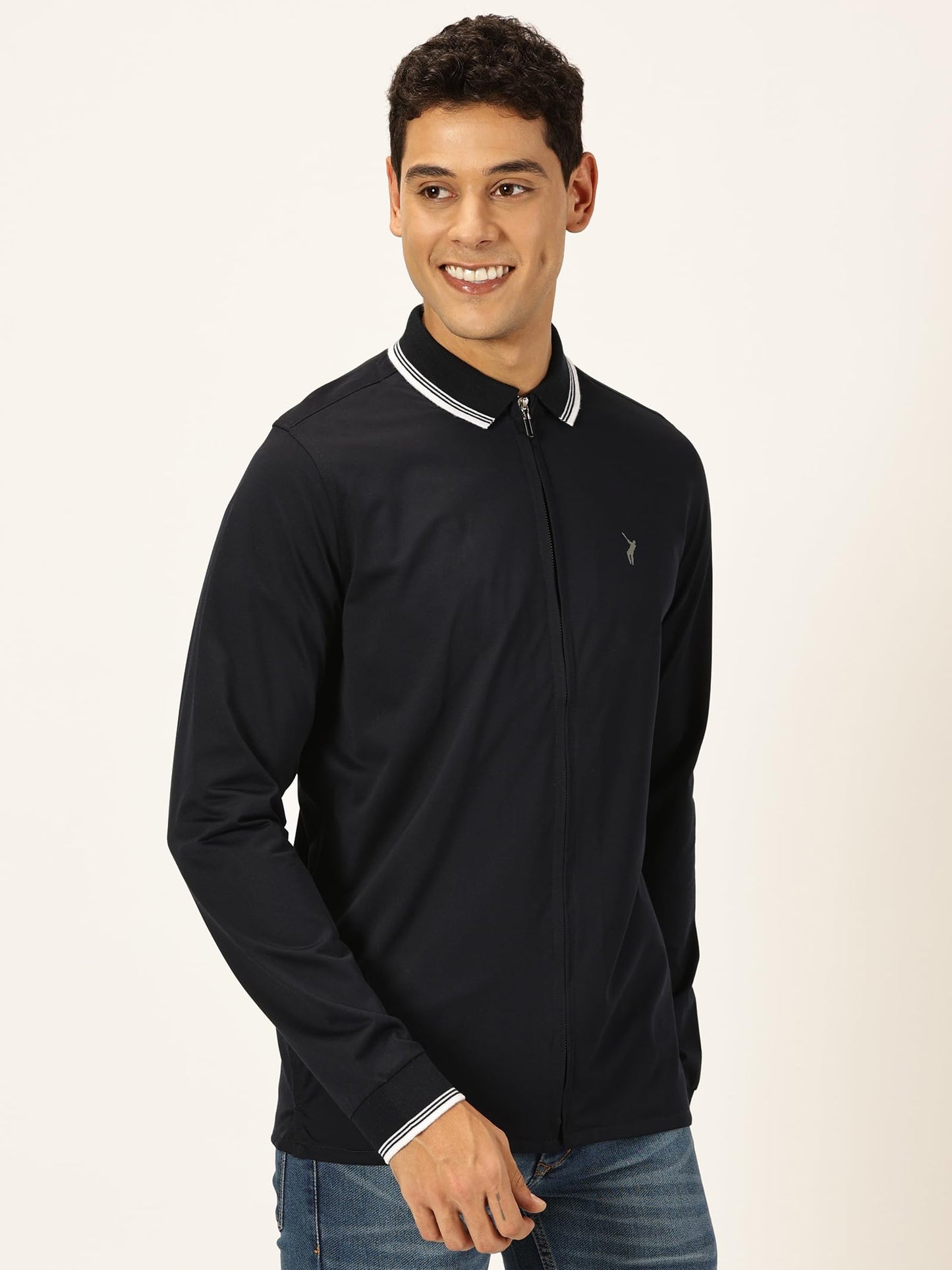 Thomas Scott Full Sleeve Spread Collar Solid Color Jacket with Ribbed On Sleeve for Men Navy
