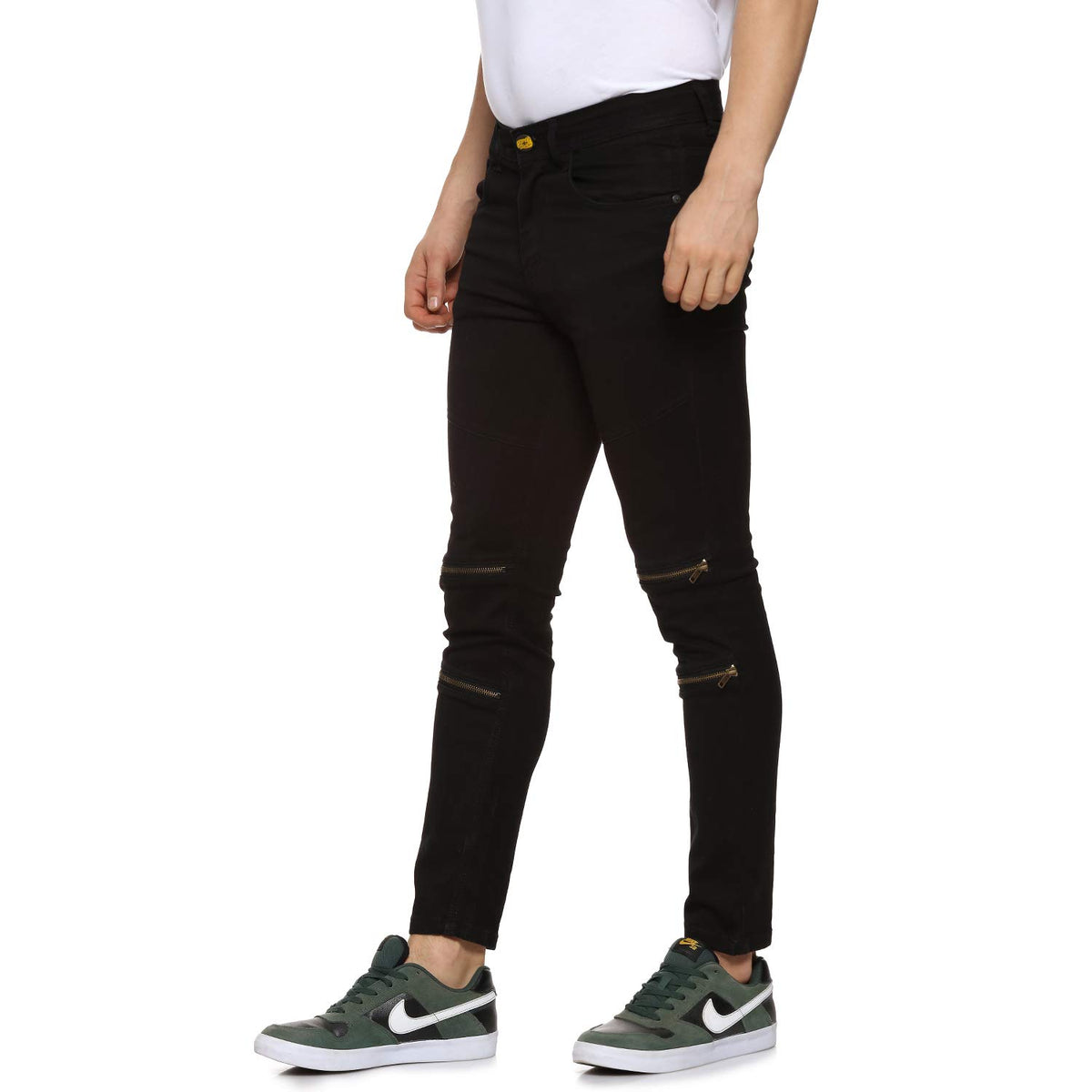 Campus Sutra Mens Black Zip Detail Slim Fit Denim Jeans | Stretchable Cotton Mid-Rise Denim Jeans Crafted with Comfort Fit and