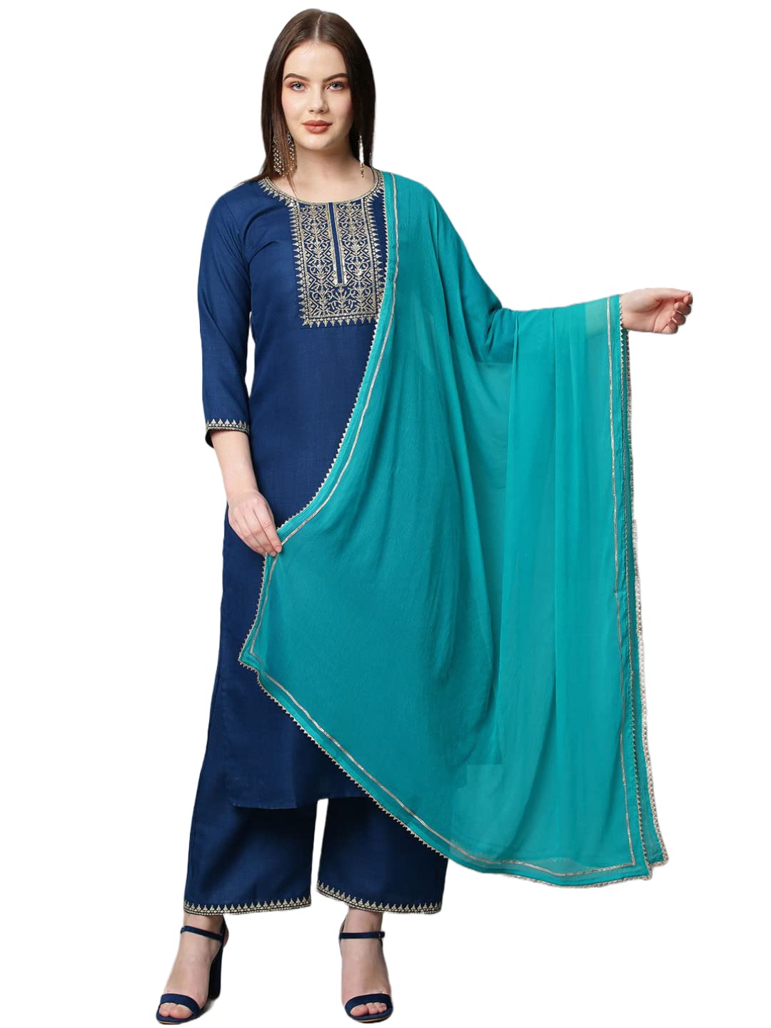 GoSriKi Womens Cotton Blend Solid Straight Kurta with Palazzos & with Dupatta (Dakum-GS)