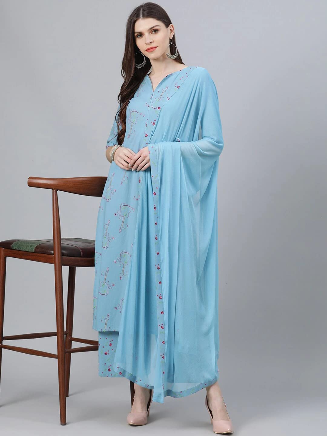 GoSriKi Women's Cotton Blend Straight Kurta with Palazzo & Dupatta (Guitar-GS)