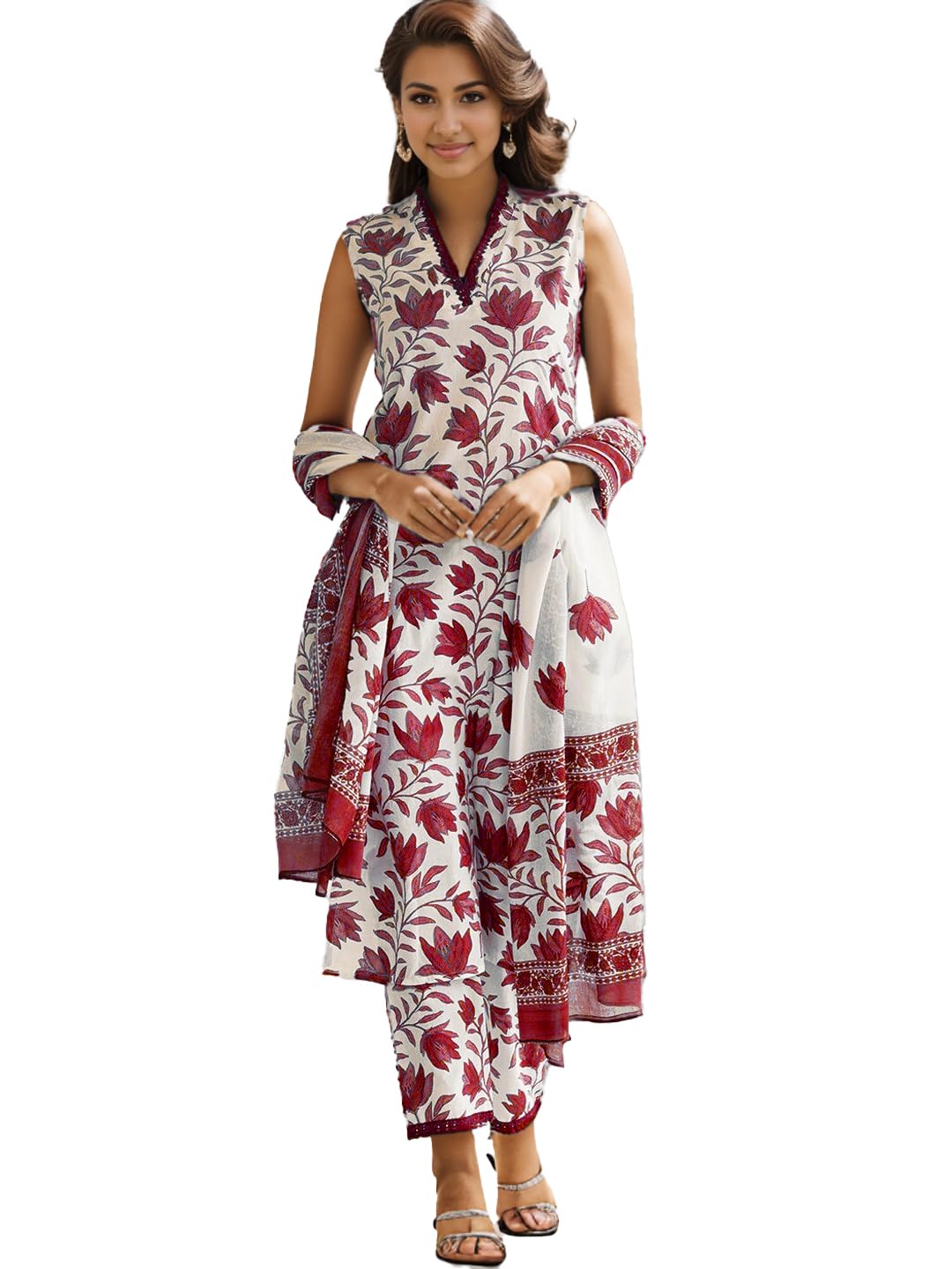 Shienzy WomenS Printed Cotton Blend Sleeveless V-Neck Kurta Pant Dupatta Set || Stylish Indo-Western Kurti For Wedding, Festive