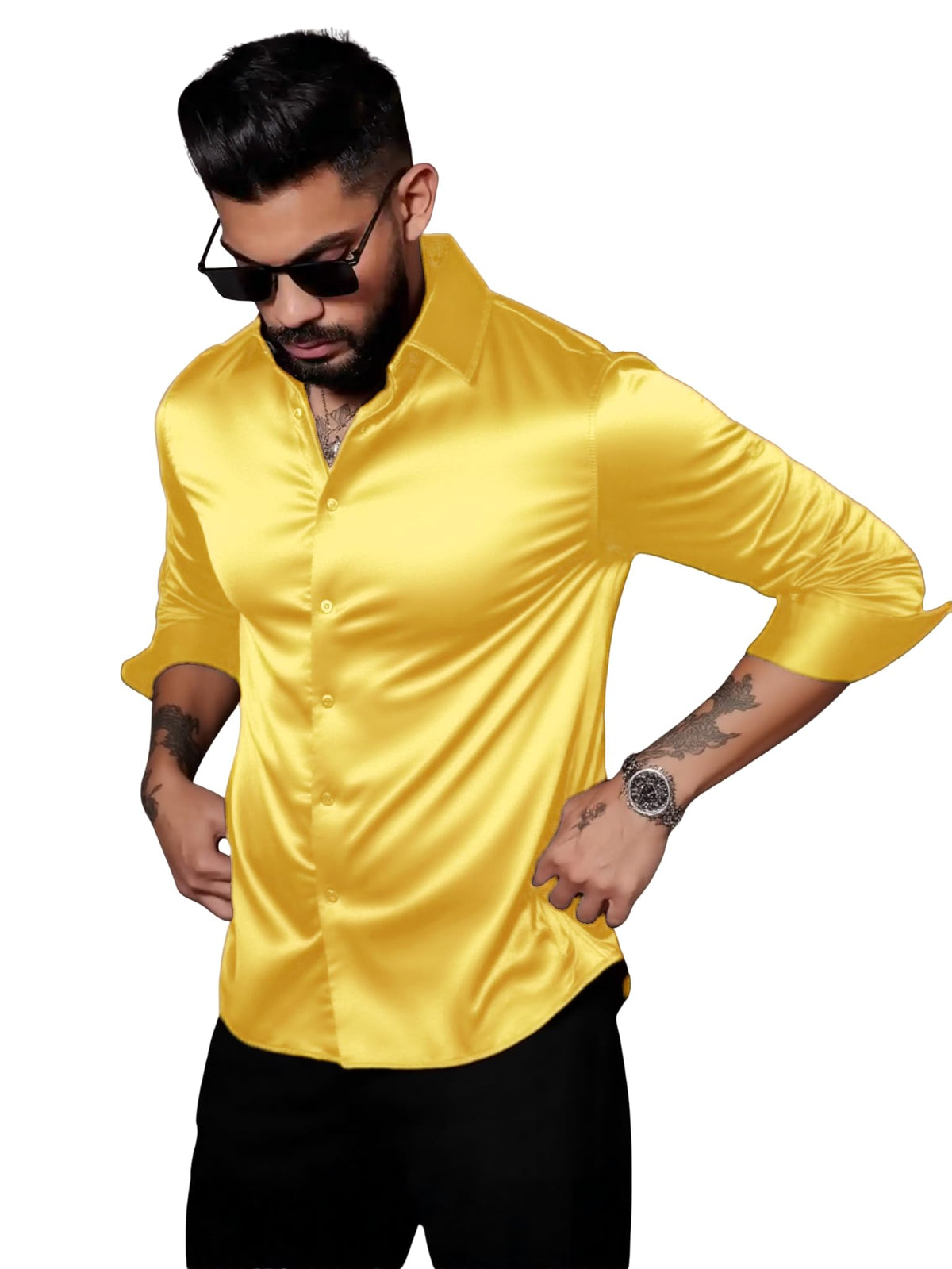 Indoprimo MenS Stylish Solid Satin Casual Shirt For Men Full Sleeve Yellow