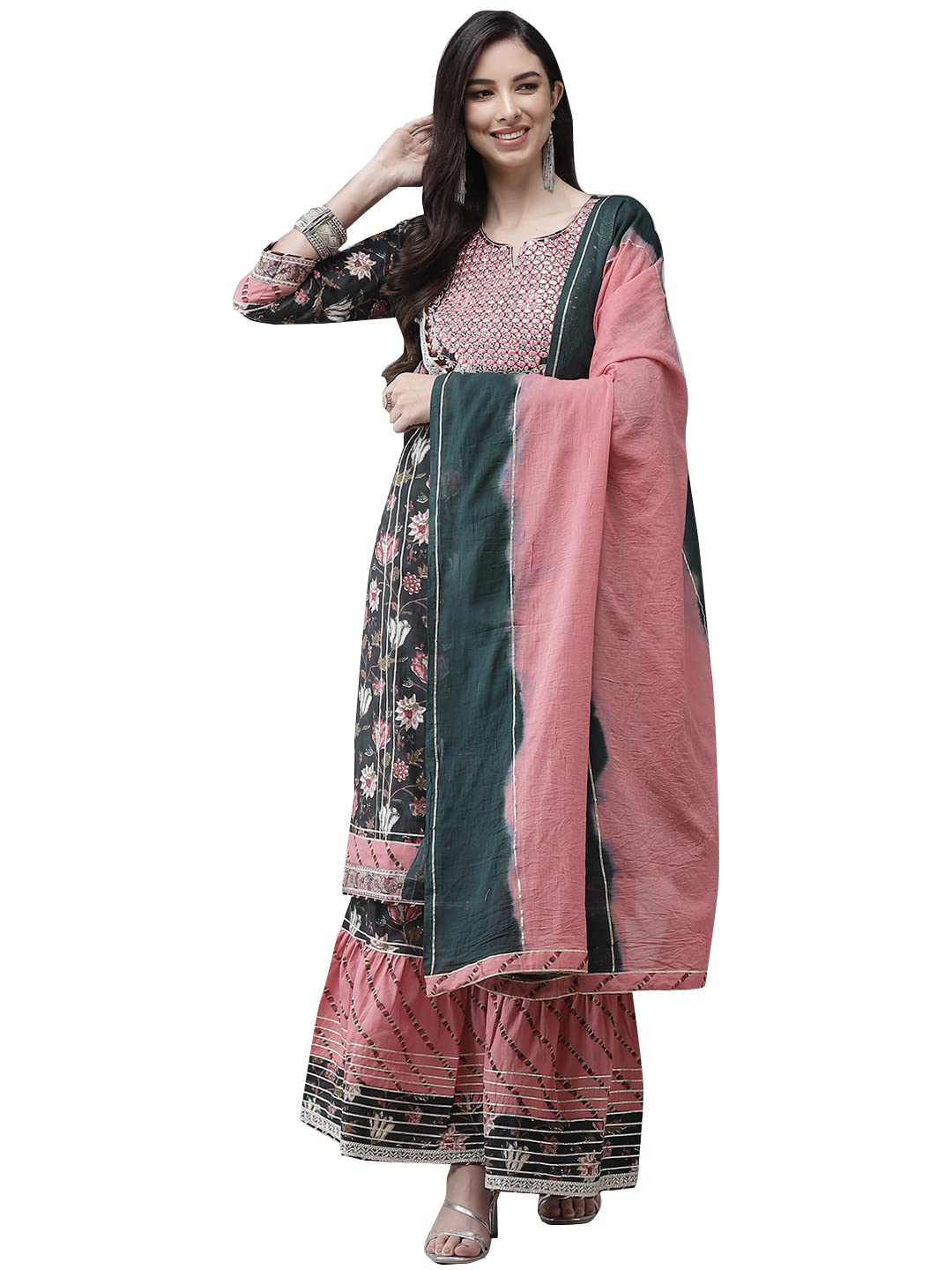 ishin Women's Pure Cotton Embroidered Gotta Patti Green Floral Print A-Line Kurta suit set With Dupatta & Sharara