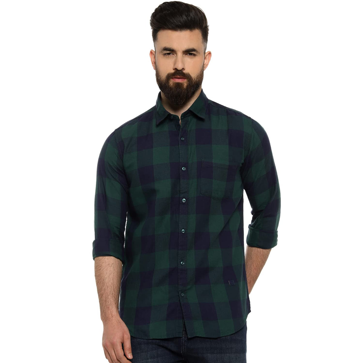 Campus Sutra Mens Regular Fit Full Sleeve Shirt for Casual Wear |Blue|Green|Chequered|Front Spread Collar|Shirt Crafted with Co