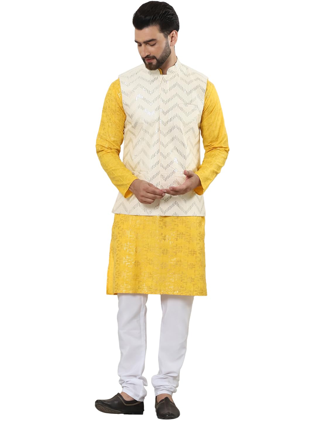 SOJANYA (Since 1958 Men's Cotton foil printed Mustard Kurta and White Pyjama With Cream Nehru Jacket