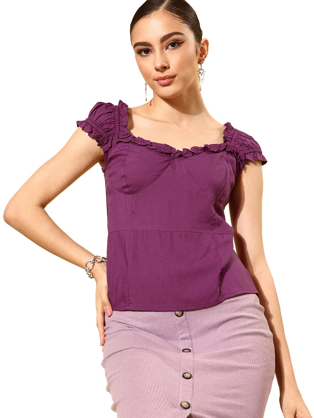 Rare Women Casual Purple Colour Sweetheart Neck Solid Regular Top