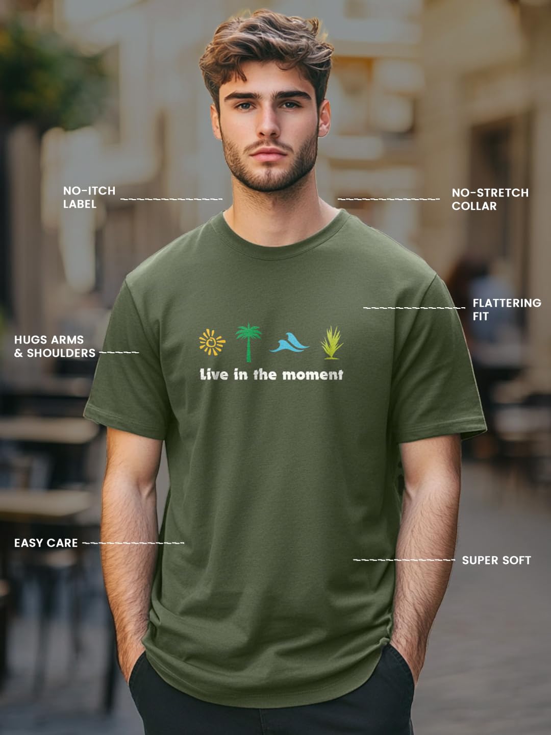 Nobero MenS Graphic Print Regular Fit T-Shirt (1M-Twts-C1042-Ag_Live In Moment-Olive Green