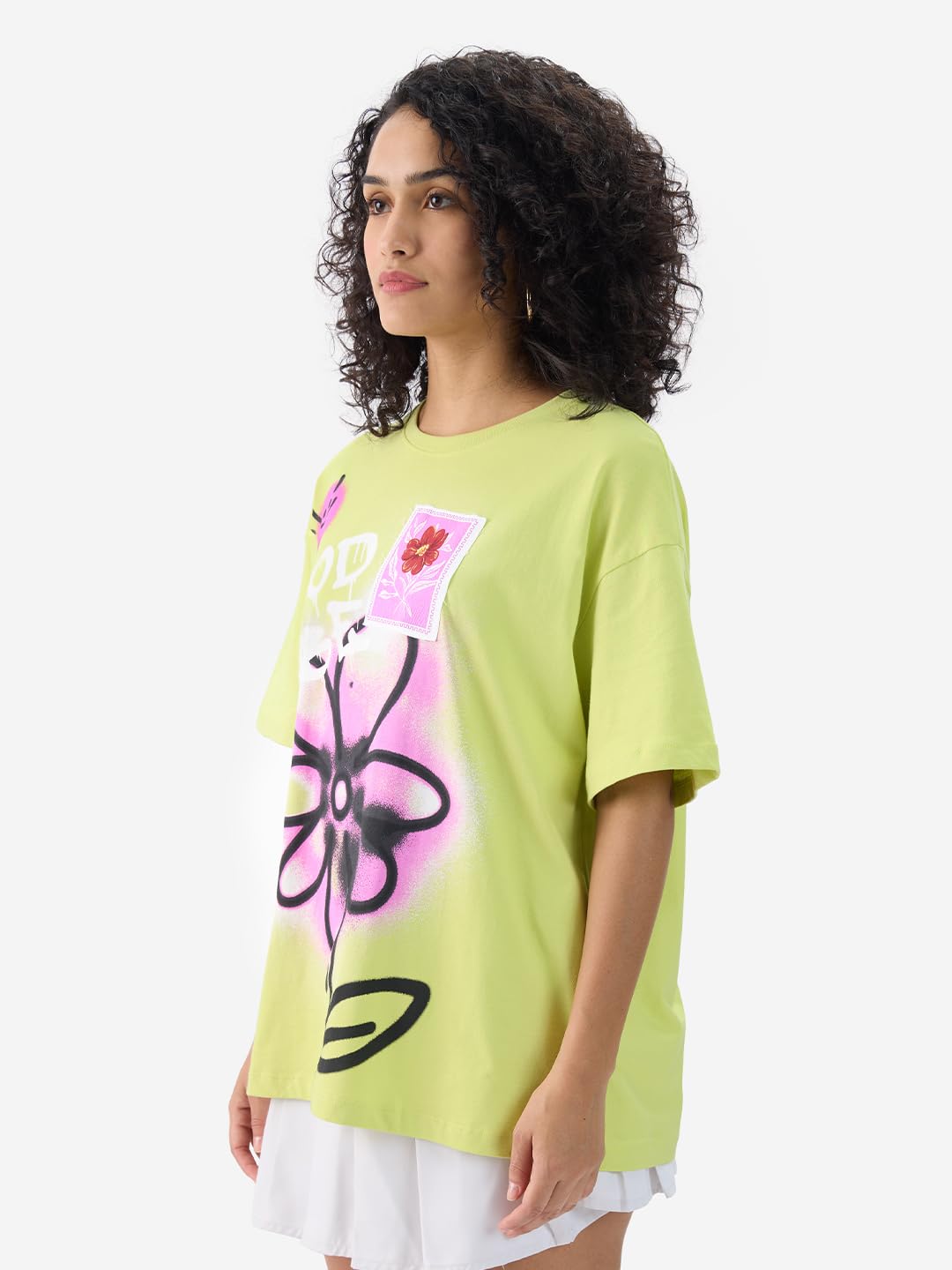 The Souled Store Good Vibes: 100% Cotton Women & Girls Short Sleeve Round Crew Neck Green Graphic Printed Oversized T-Shirts