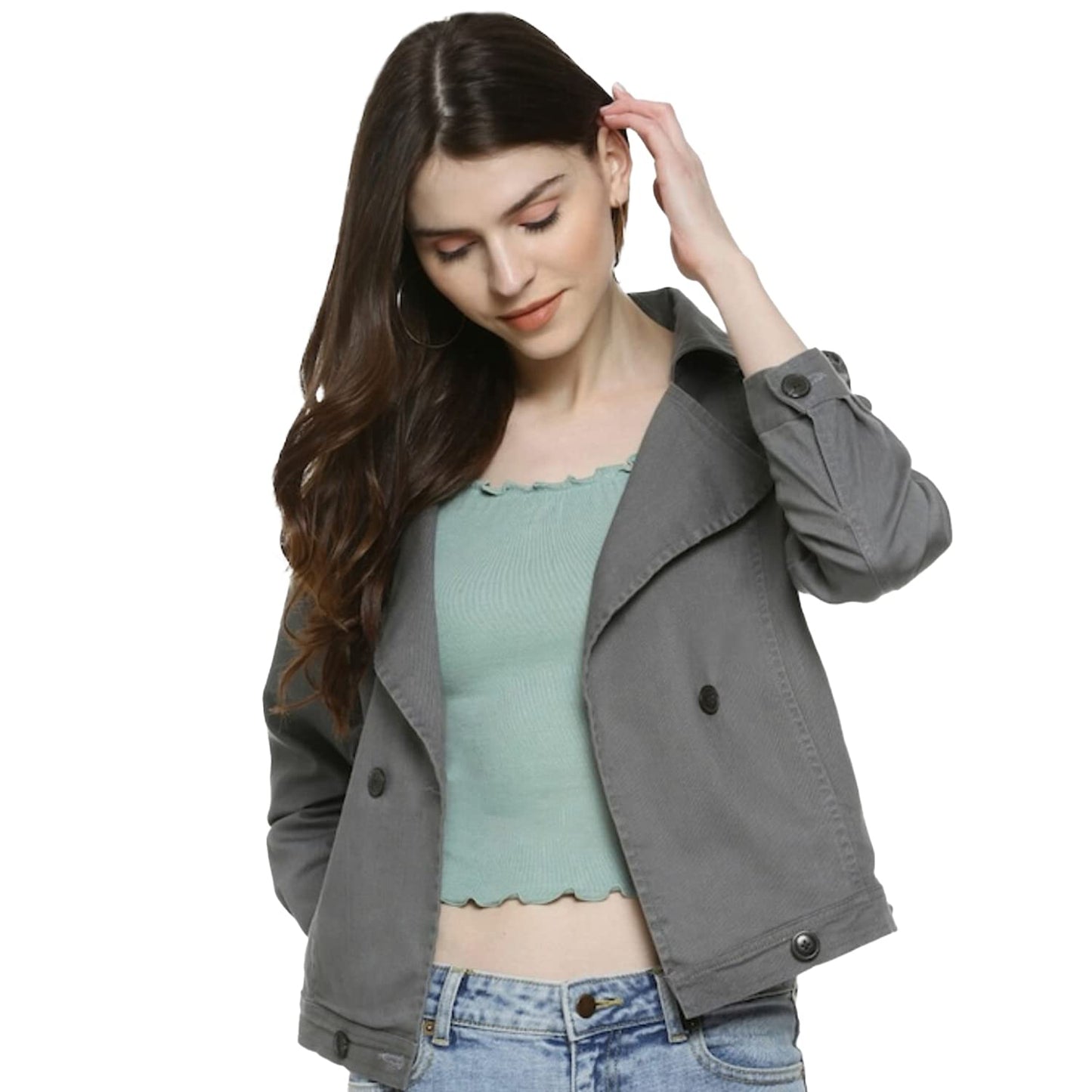 Campus Sutra Womens Grey Dry-Washed Denim Cotton Jacket Regular Fit For Casual Wear, Collared Neck, Double-Breasted, Stylish Cra