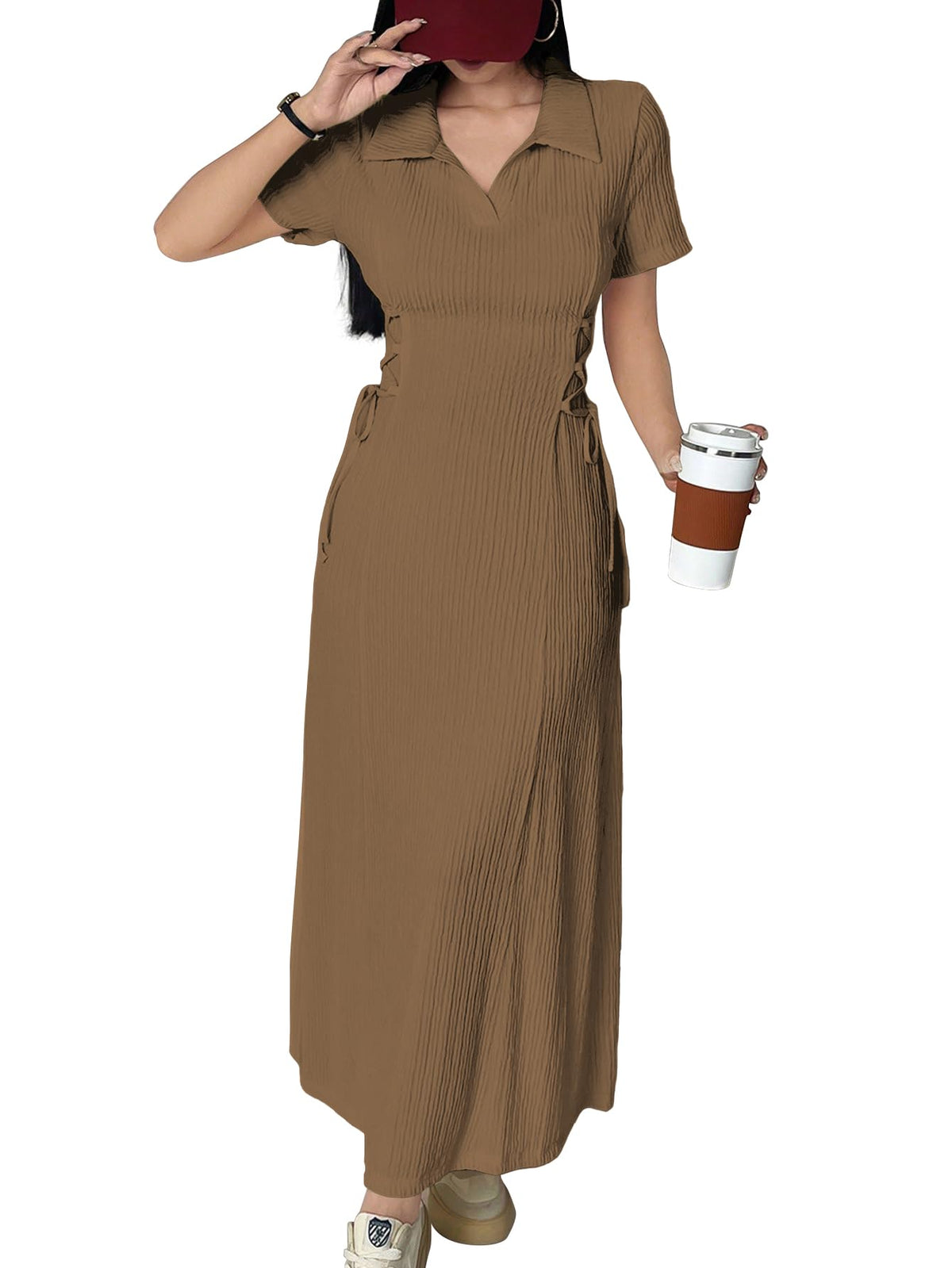 Shasmi Womens Brown Solid Color Applique Lace-Up Collared Short Sleeve, Side-Tie Waist Long Casual Maxi Women Dress Outfit Long