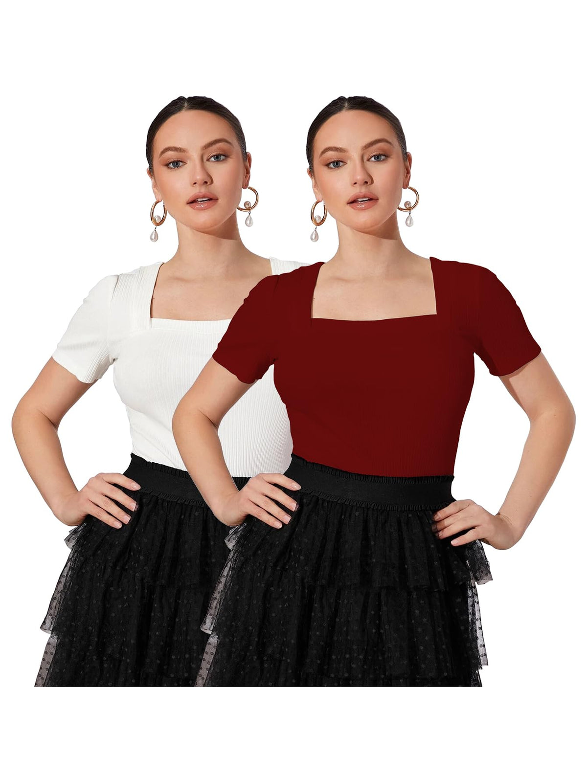Shasmi Womens & Girls White and Maroon Solid Knitted Square Neck Regular Fit T-Shirts Short Puff Sleeve Tops (52 Pack 2 White